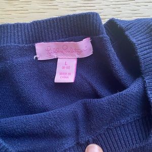 Lilly Pulitzer Shawl Sweater Navy Fringe Kangaroo Pocket Girls L 8-10